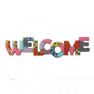 Hand Painted Metal Wall Hanging with Welcome in English, Colorful - Yair Emanuel