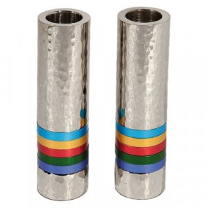 Hammered Nickel Cylinder Candlesticks with Multicolored Rings - Yair Emanuel