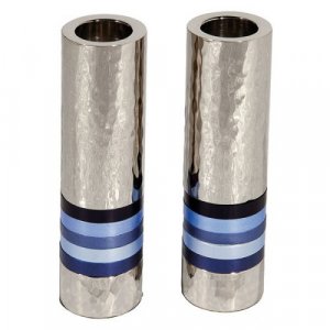 Hammered Nickel Cylinder Candlesticks with Blue Rings - Yair Emanuel