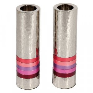 Hammered Nickel Cylinder Candlesticks with Shades-of-Pink Bands - Yair Emanuel