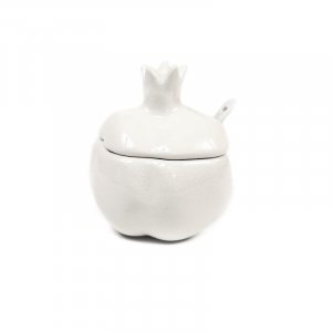 Pomegranate Shaped White Gleaming Ceramic Honey Dish with Lid and Spoon