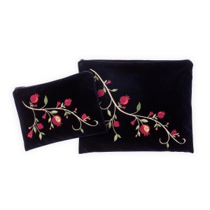 Navy Velvet Tallit Bag Set, Embroidered Shades-of-Red Pomegranates - Ronit Gur