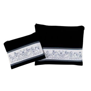 Navy Velvet Tallit and Tefillin Bag Set, Blue Embroidered Jerusalem - Ronit Gur