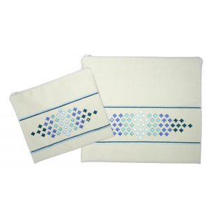 Impala Tallit and Tefillin Bag Set Off-White, Embroidered Blue Diamonds - Ronit Gur