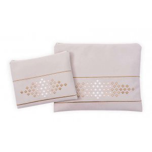 Impala Tallit and Tefillin Bag Set Off-White, Embroidered Gold Diamonds - Ronit Gur