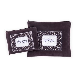 Impala Tallit and Tefillin Bag Set Gray, White Pomegranates on Trellis - Ronit Gur