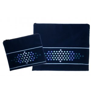 Impala Tallit and Tefillin Bag Set Blue, Embroidered Blue Diamonds - Ronit Gur