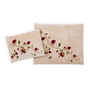Impala Tallit and Tefillin Bag Set, Embroidered Red Pomegranate Branch - Ronit Gur