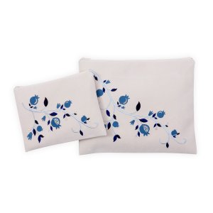 Impala Tallit and Tefillin Bag Set, Embroidered Blue Pomegranates - Ronit Gur