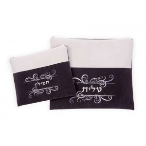 Impala Tallit Bag Set, Off-White and Gray with Decorative Swirls - Ronit Gur