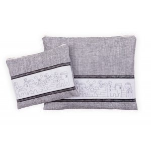 Tallit and Tefillin Bag Set, Gray Embroidered Jerusalem Design - Ronit Gur