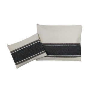 Tallit and Tefillin Bag Set, Gray Herringbone Stitch on Off-White - Ronit Gur