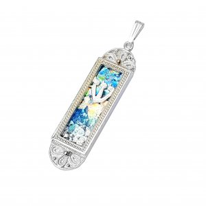 Sterling Silver Pendant Necklace in Mezuzah Design with Filigree and Roman Glass