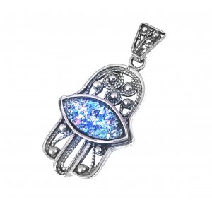 Sterling Silver Filigree Hamsa Pendant Necklace with Roman Glass Eye