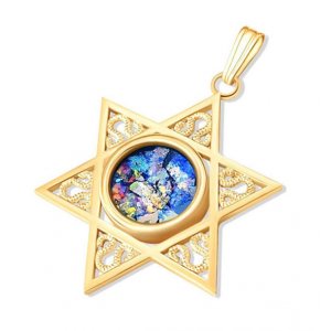 14K Gold Star of David Decorative Pendant with Roman Glass and Filigree Art