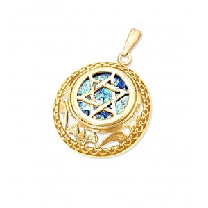 14K Gold Pendant Star of David Pendant with Filigree Frame and Roman Glass Center