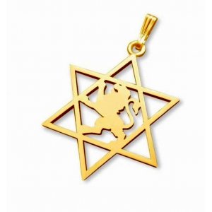 14K Gold Star of David Pendant with Lion of Judah Emblem in Center