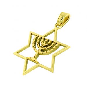 14K Gold Star of David Pendant with Stylish Menorah in Center