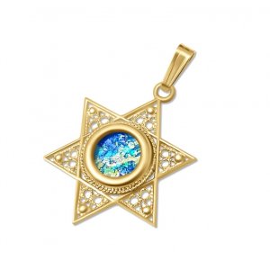14K Gold Pendant with Filigree Design Star of David and Roman Glass in Center