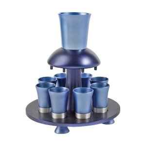 Aluminum Kiddush Fountain with Goblet, 8 Cups & Tray, Blue - Yair Emanuel