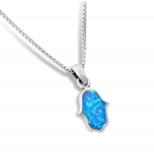 Opal Hamsa Necklace Light Blue Pendant in 925 Sterling Silver