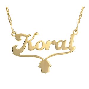 English Cursive 18k Gold Plated Name Necklace with Hamsa Hand