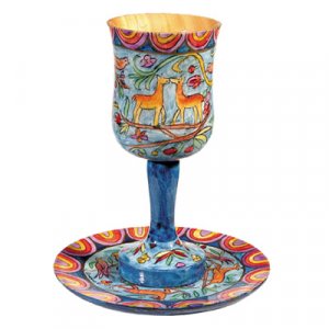 Hand Painted Wood Stem Kiddush Cup and Saucer, Oriental Forest - Yair Emanuel