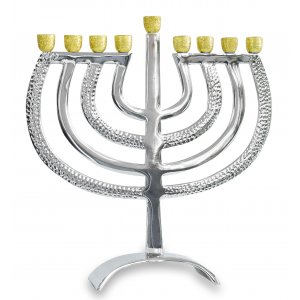 Glittering Gold Cups on Silver Hammered Branches Hanukkah Menorah - 12.5 Inches