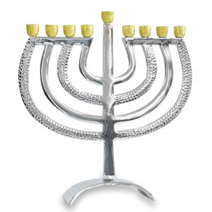 Glittering Gold Cups on Silver Hanukkah Menorah with Hammered Branches - 12.5 Inches