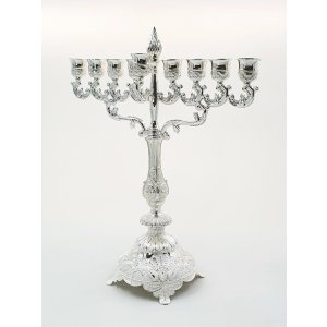 Silver Plated Hanukkah Menorah Filigree Design and Flame, Large - 15 Inches