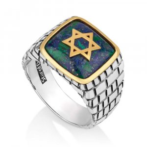 Man's Jewish Ring with Star of David on Eilat Stone - Sterling Silver and Gold Plate