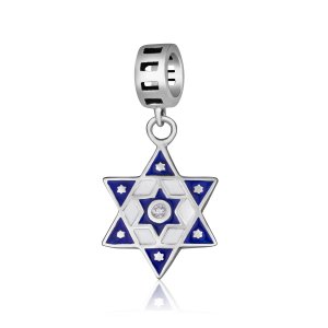 Star of David Bracelet Charm, Blue Enamel with Crystals - Sterling Silver