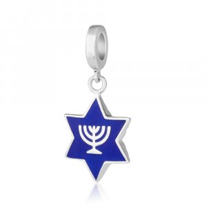 Bracelet Charm, Blue Star of David with Menorah Image - Sterling Silver