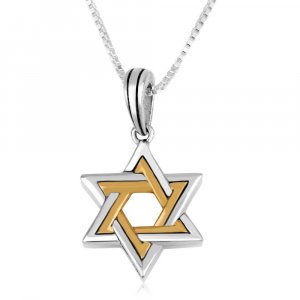 Pendant Necklace with Double Stars of David - Sterling Silver and Gold Plated