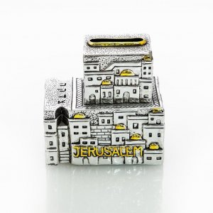 Silver Plated Tzedakah Charity Box in Tefillin Shape - Jerusalem Design