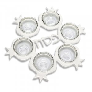 Passover Pesach Seder Plate with Pomegranate Design and Six Glass Bowls - White