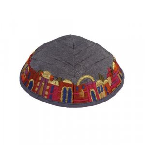 Embroidered Kippah Colorful Jerusalem Images on Gray - Yair Emanuel