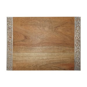 Grained Wood Challah Board with Decorative Metal Cutout Border - Yair Emanuel