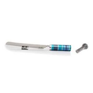 Challah Knife with Mini Salt Shaker and Stand, Blue Bands Handle - Yair Emanuel