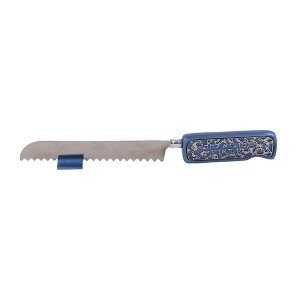 Challah Knife and Stand with Decorative Handle, Cutout in Blue - Yair Emanuel