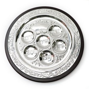 Silver Plated and Wood Passover Pesach Plate for Seder with Leaf Design