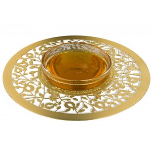 Gold Plated Honey Dish, Glass Bowl with Open Pomegranates - Dorit Judaica