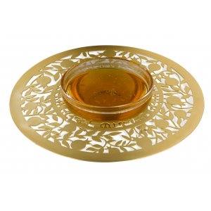 Gold Plated Honey Dish, Glass Bowl with Pomegranate Design - Dorit Judaica