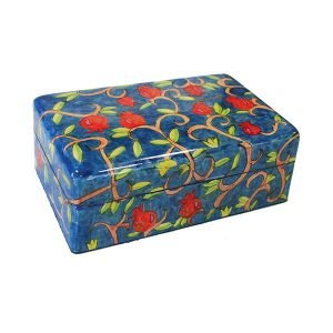 Hand Painted Wood Jewelry Box, Red Pomegranates on Blue - Yair Emanuel