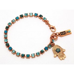 Handcrafted Bracelet, Small Blue Square Stones with Blue Palm Hamsa - Amaro