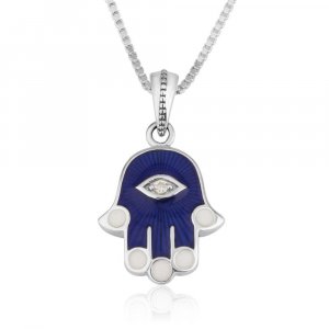 Sterling Silver Hamsa Pendant Necklace – Blue Sapphire with Zircon Protective Eye