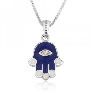 Sterling Silver Hamsa Pendant Necklace  Blue Sapphire with Zircon Protective Eye