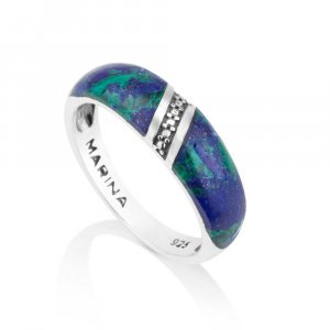 Sterling Silver Ring with Eilat Stone and Decorative Diagonal Stripe