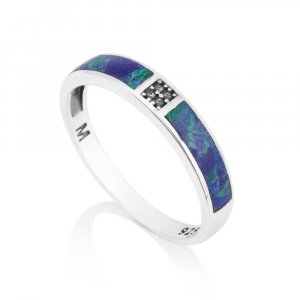 Ring of Sterling Silver with Green-Blue Eilat Stone and Diamond-Decorated Stripe