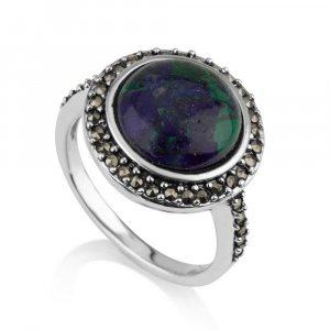 Circular Eilat Stone in a Sterling Silver Ring with Beaded Marcasite Frame